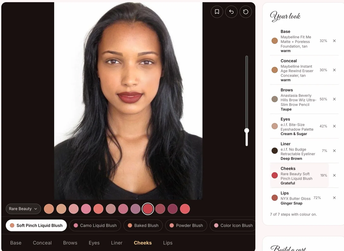The Beauty Builder, with a slider comparing the same photograph bare and with the matched shades on it. Beside it a panel lists each step with its product, shade and strength.