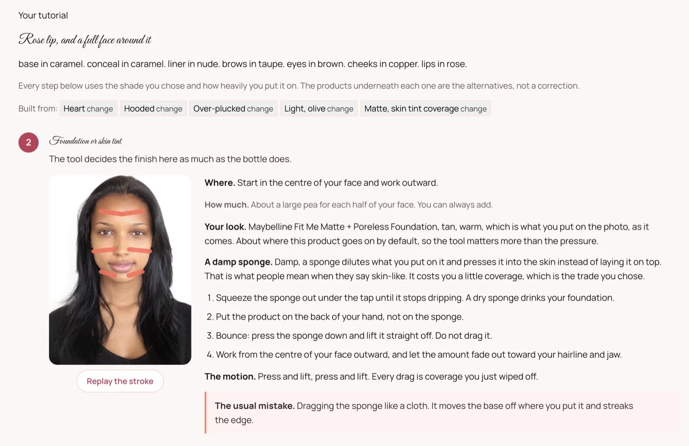 A tutorial step shown on a face, with the foundation strokes drawn where the product goes, and the instructions beside it: where to start, how much to use, and what a damp sponge does to the finish.