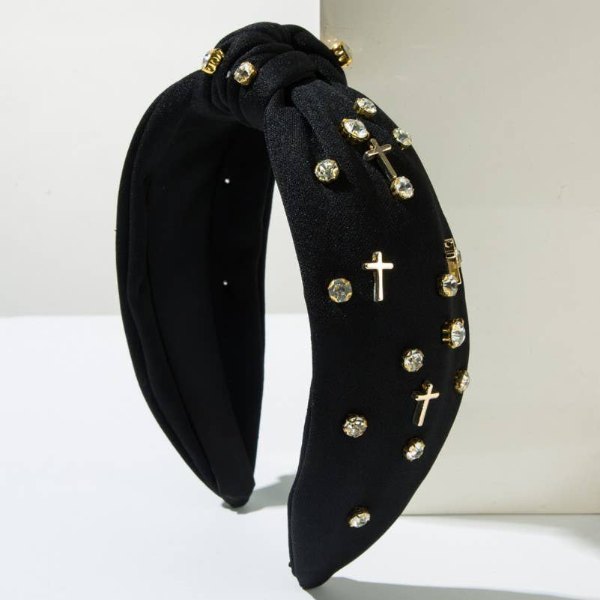 Black knotted headband with crystal and cross embellishment