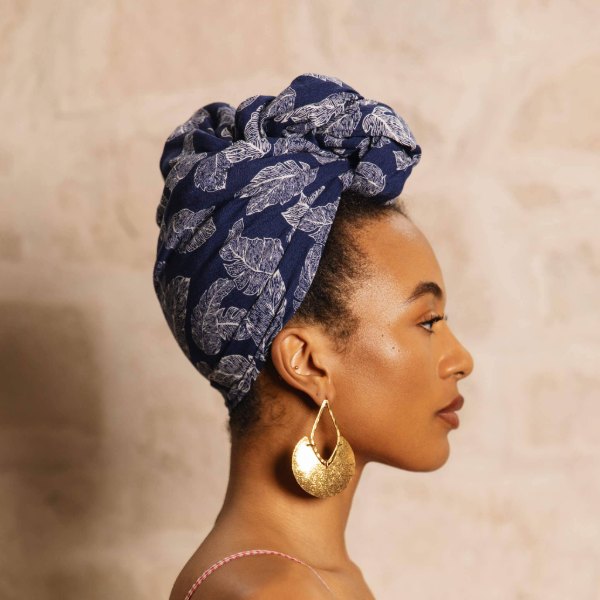 Navy frond print flow headwrap