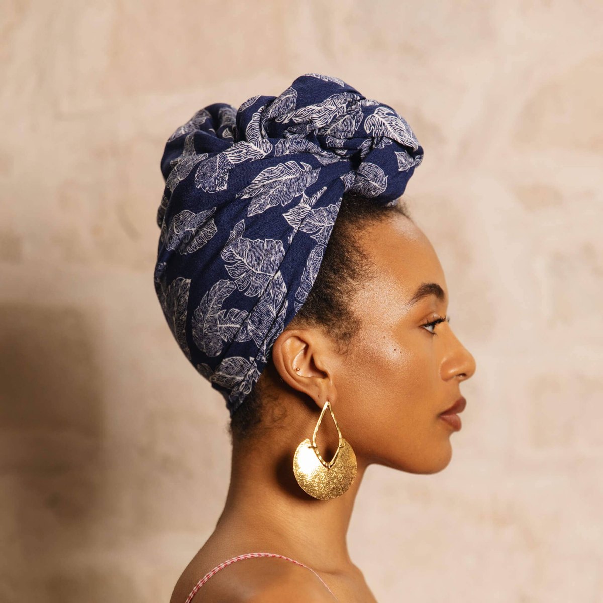 Navy frond print flow headwrap