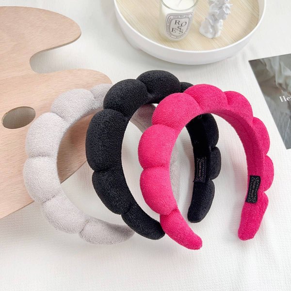 Plush spa headbands in white, black and hot pink