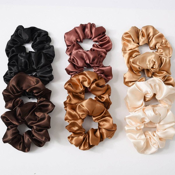 Six satin scrunchies in black, brown and neutral shades